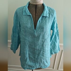 Isaac Mizrahi Turquoise Linen Tunic Top. Size M